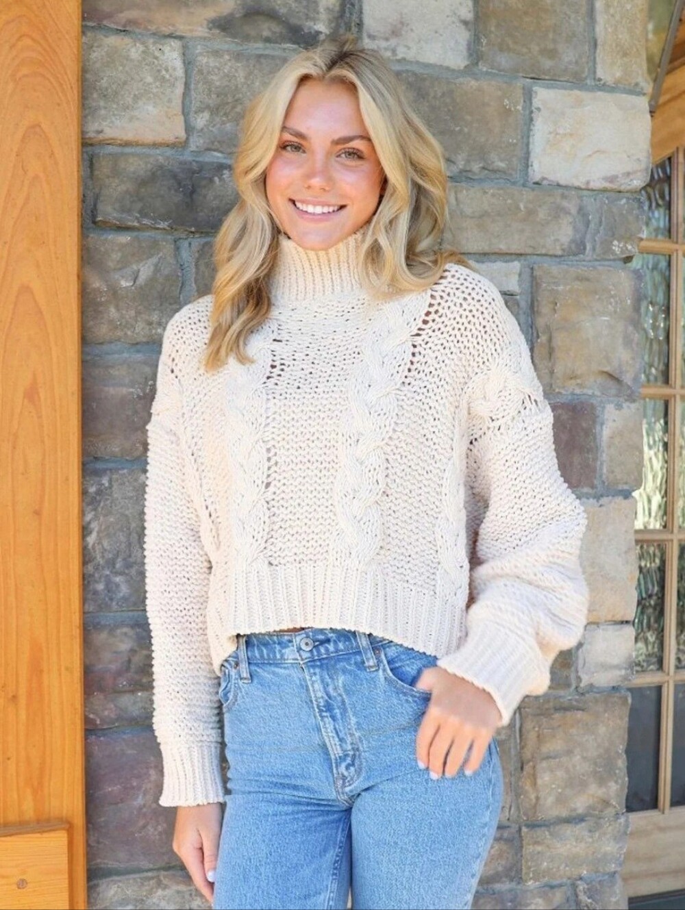 Simply Southern Women’s Cream Cable Knit Turtleneck Sweater